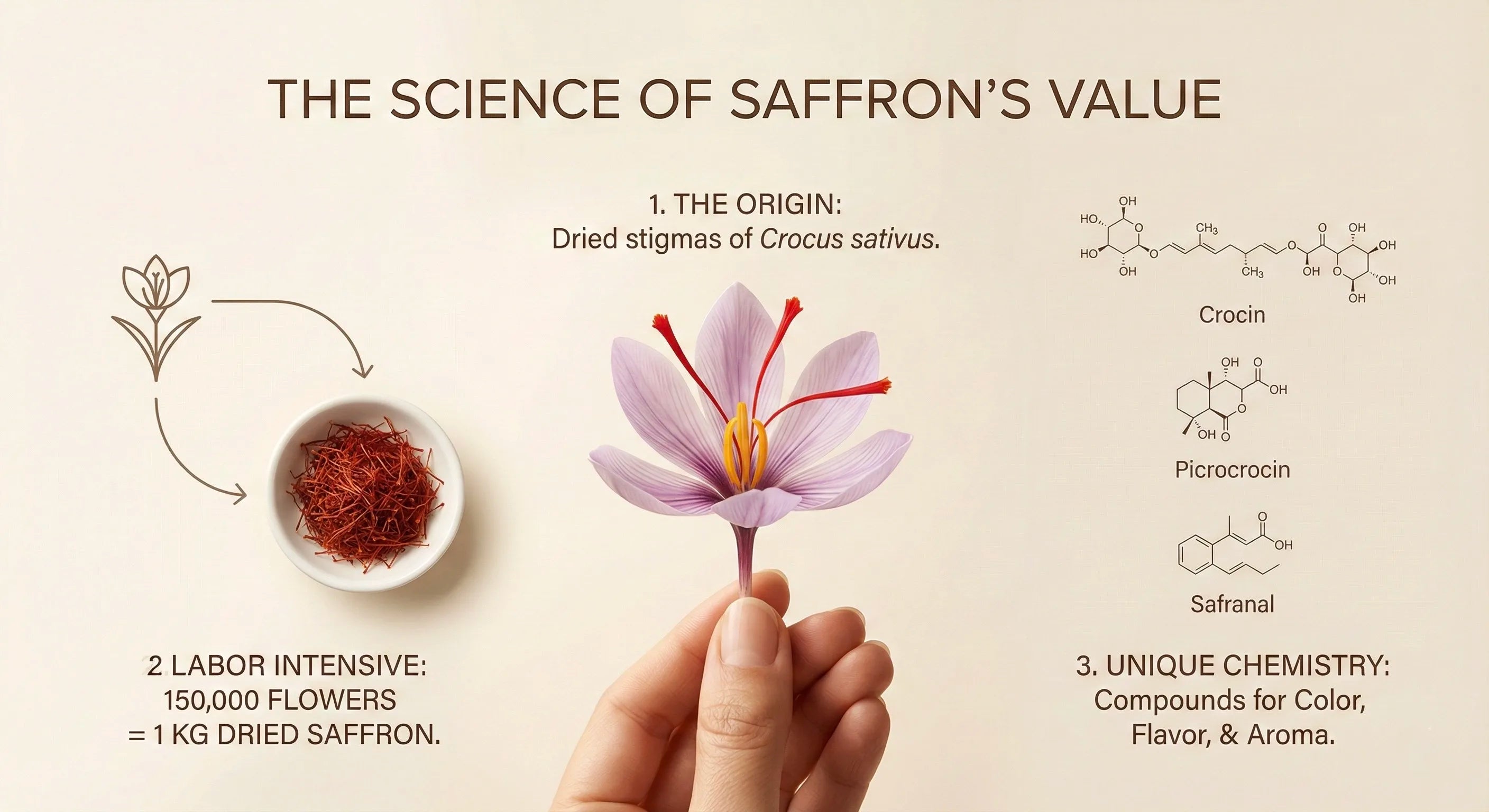 Infographic on the science of saffron's value with a flower, dried stigmas, and chemical structures.